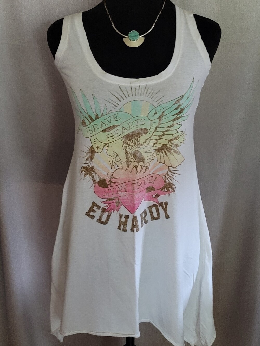 Ed Hardy White Tank Top with Pastel Mint & Pink Graphic